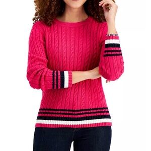 Tommy Hilfiger Hot Pink Cable Knit Crew Sweater with Navy & White Stripes
